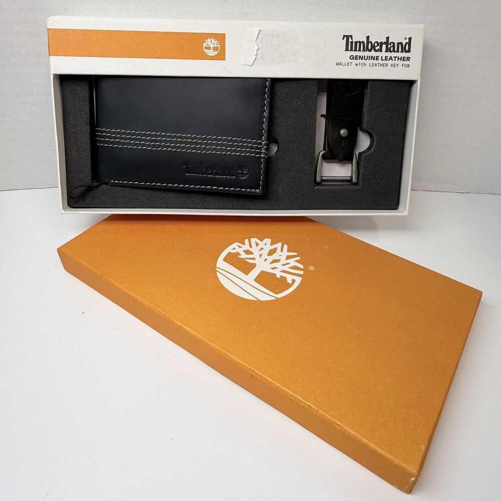 Timberland Black Leather Bifold Wallet With Matching Key Fob Gift Set New
